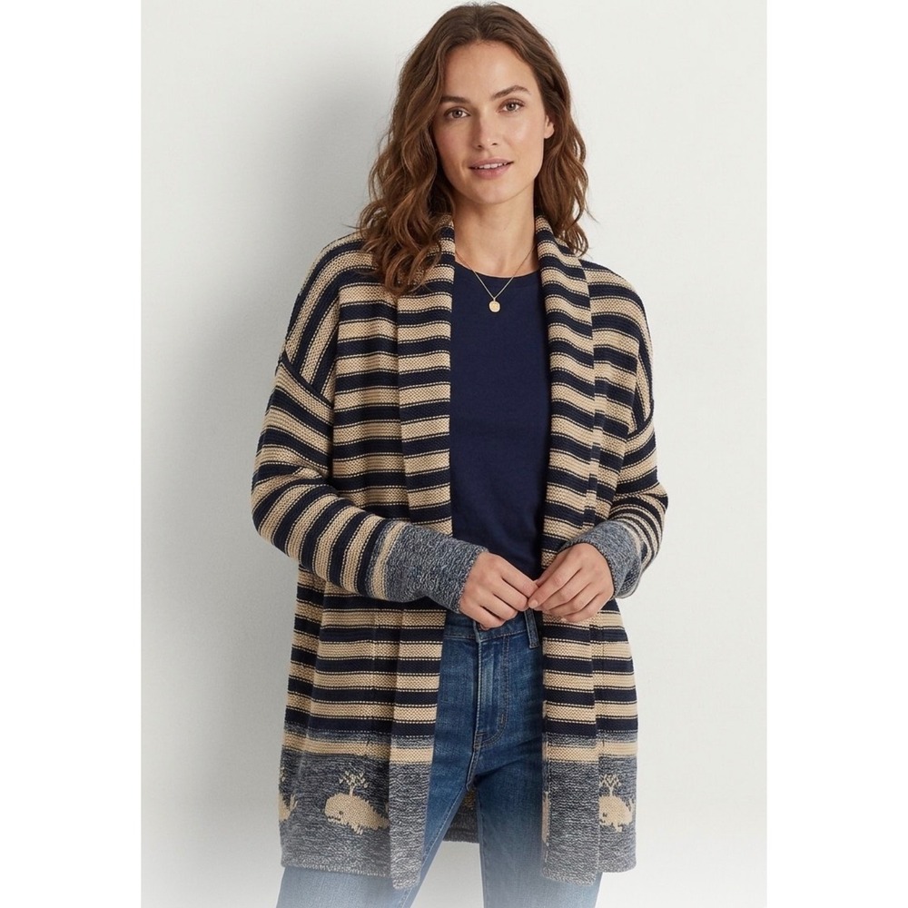 Lauren Ralph Lauren Whale Stripe Shawl Cardigan Navy Tan Cotton Linen L